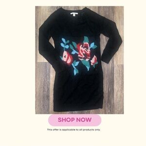 Black Sweater Dress with Floral Intarsia
